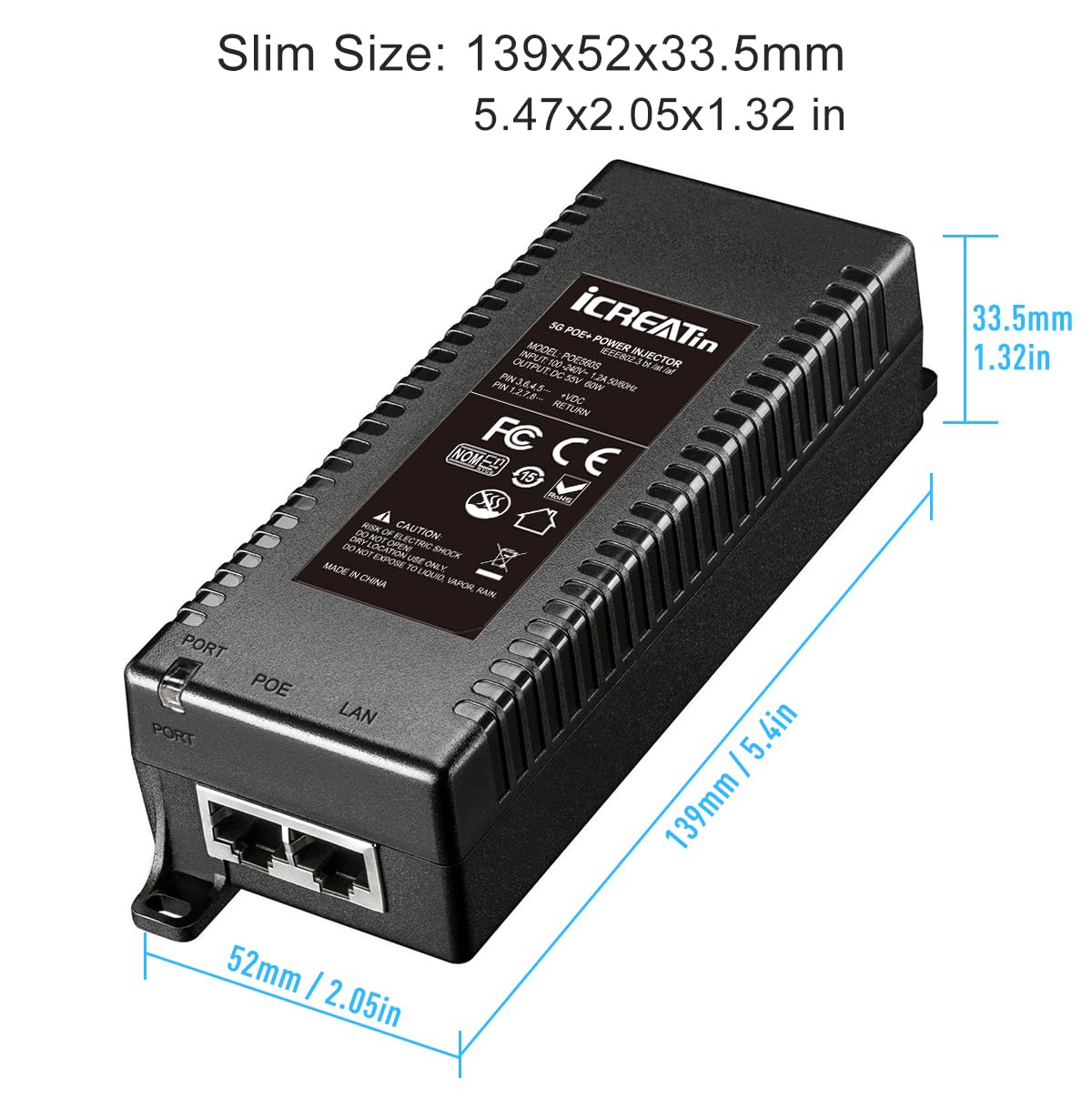 5G POE++ Injector 60W, IEEE 802.3bt/af/at, 5G/2.5Gbps/1Gigabit PoE+ Ethernet Adapter, Network a PoE Device up to 100.0 m, for High Power PTZ Camera, VOIP Phone, AP etc.