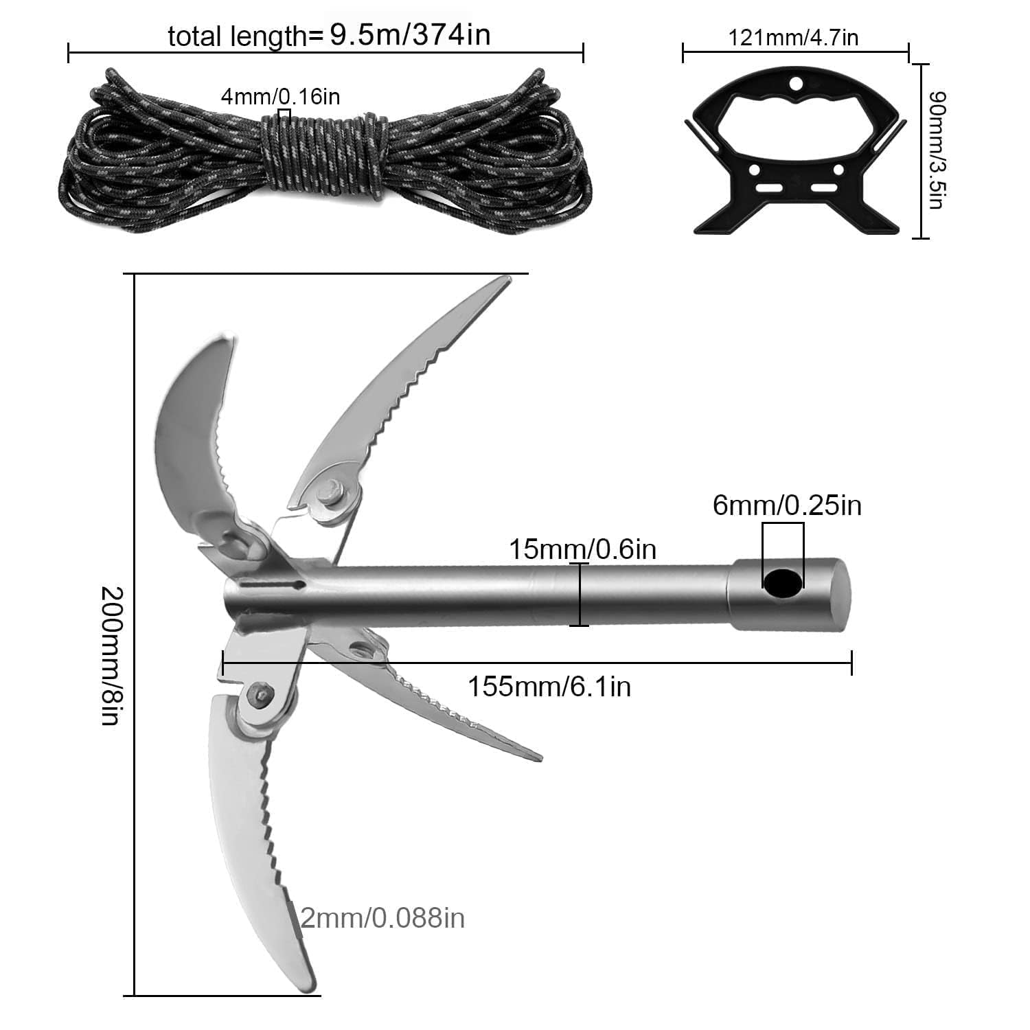 TIANLIN Ancora per SUP, Kayak e Barca con Corda da 9.5m e Manico, 0.4kg, Zanche Rinforzate, Ancora Pieghevole per Kayak e SUP, per Rimuovere la Vegetazione Acquatica Prima della Pesca