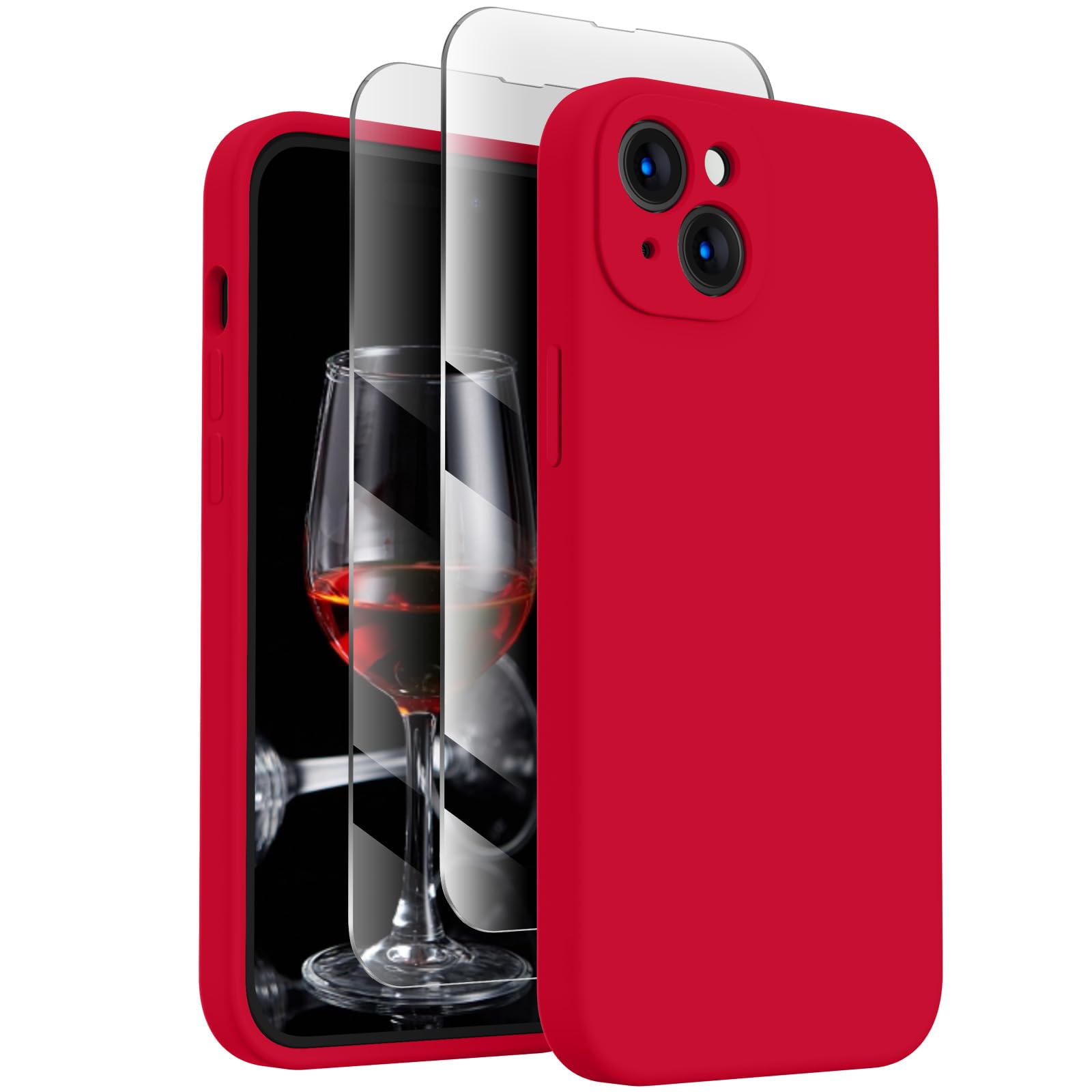 FireNova Designed for iPhone 15 Case, Silicone Upgraded [Camera Protection] Phone Case with [2 Screen Protectors], Soft Anti-Scratch Microfiber Lining Inside, 6.1 inch, Deep Red