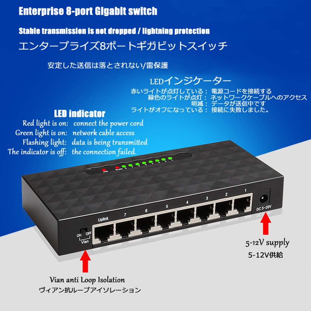 Gigabit Ethernet Switch 8 portów huby sieciowe i przełączniki Pełna 1000 m Gigabit Desktop-Switch nie zarządzany, biuro na kampusie domowej Plug and Play rozgałęziacz sieci