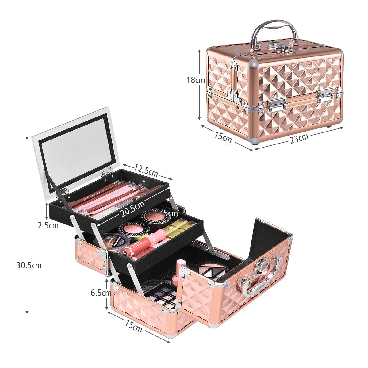 GIANTEX Kosmetikkoffer mit Spiegel, Beauty Make-up Case Schminkkoffer aus ABS und Aluminium, 2 ausziehbare Ablagen, ausklappbarer & tragbarer Etagenkoffer Friseurkoffer Multikoffer (Rosegold)