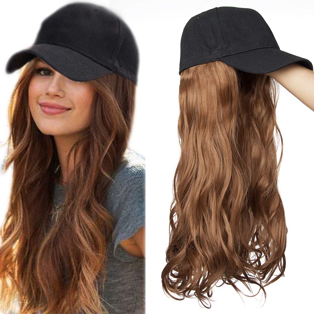 16 Inch New Style Long Wavy Hair Extensions With Baseball Hat Synthetic Hairpiece With Baseball Cap All Cotton Made Black Hat For Women One Piece Hair Extension - Light Brown