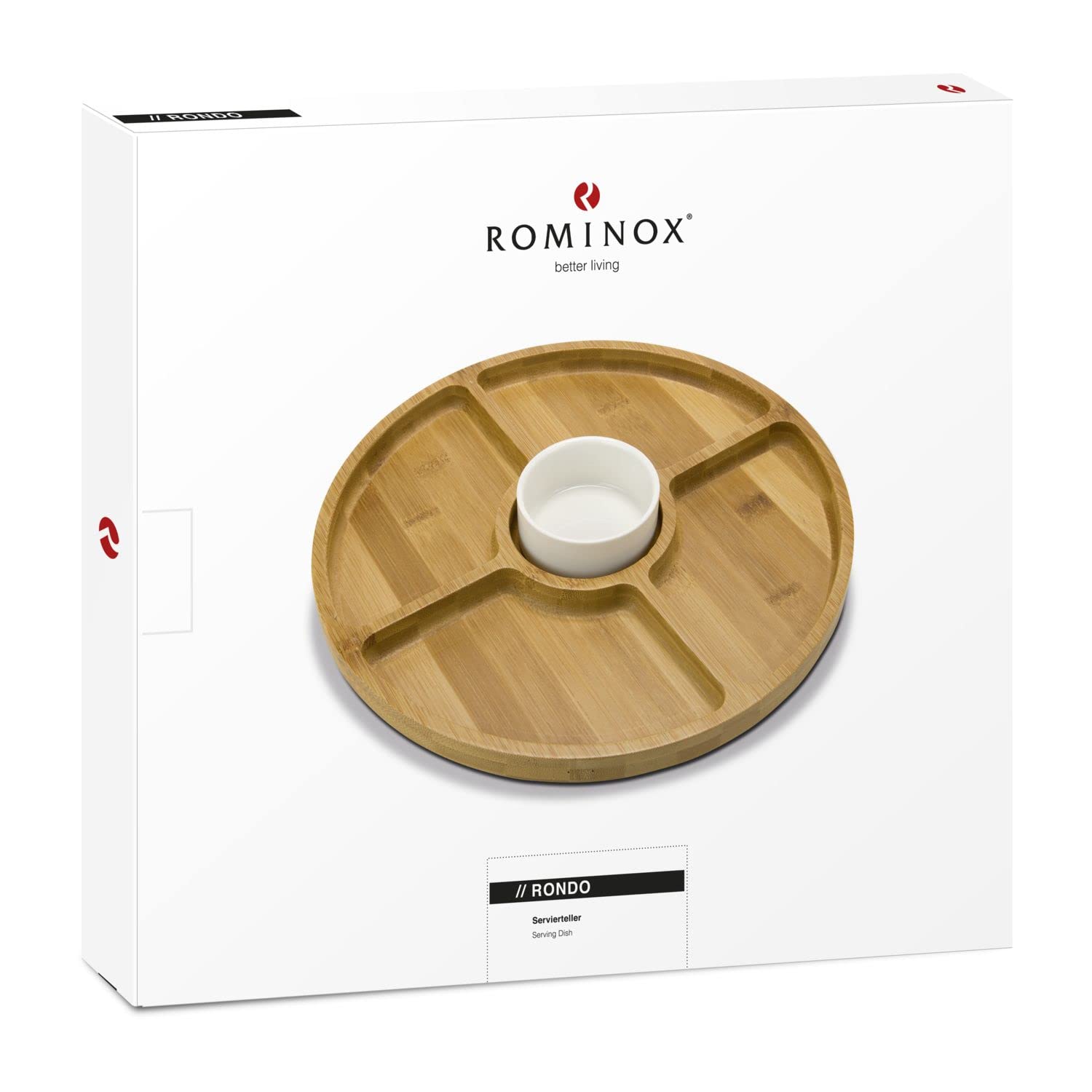 ROMINOX Geschenkartikel Servierteller // Rondo aus Bambus im Set mit einem Keramik-Dipschälchen, praktische Unterteilung in 4 Snackfächer, Snacks, Antipasti oder Tapas mit Dips; ca. 28 x 28 x 3.5 cm
