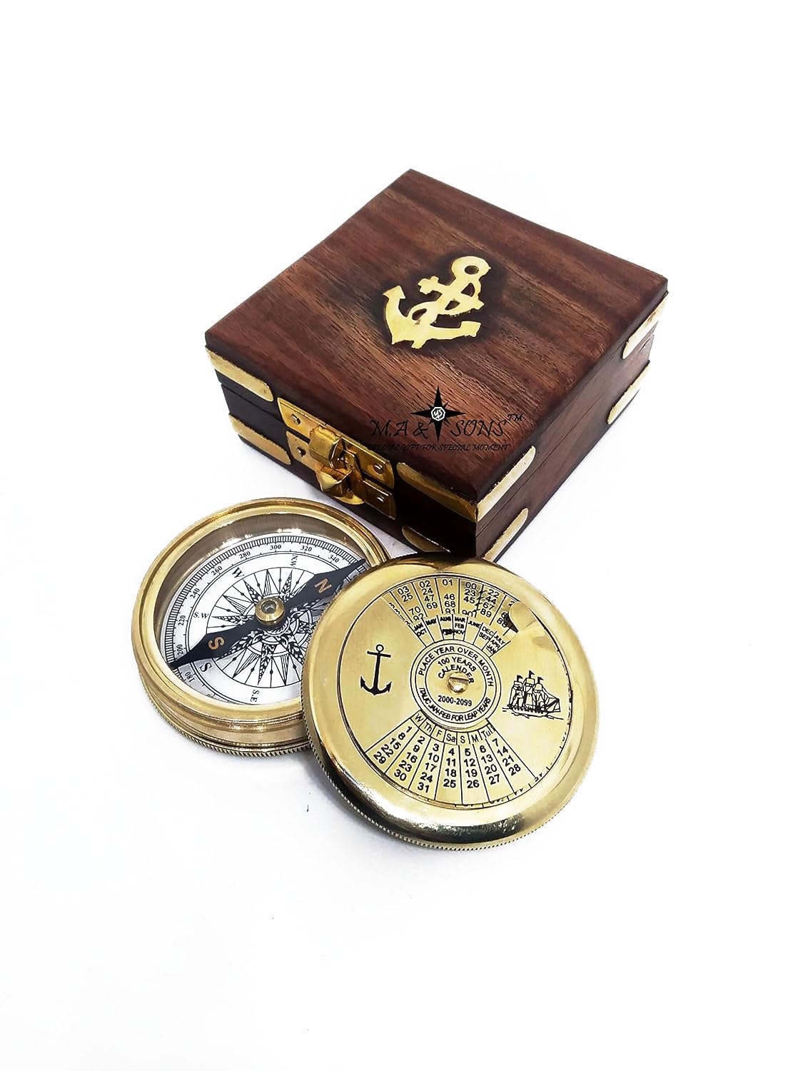 - M.A & SONS Personalize Brass 100 Years Calendar Compass with Wood Box Campign Hiking Direction Compass