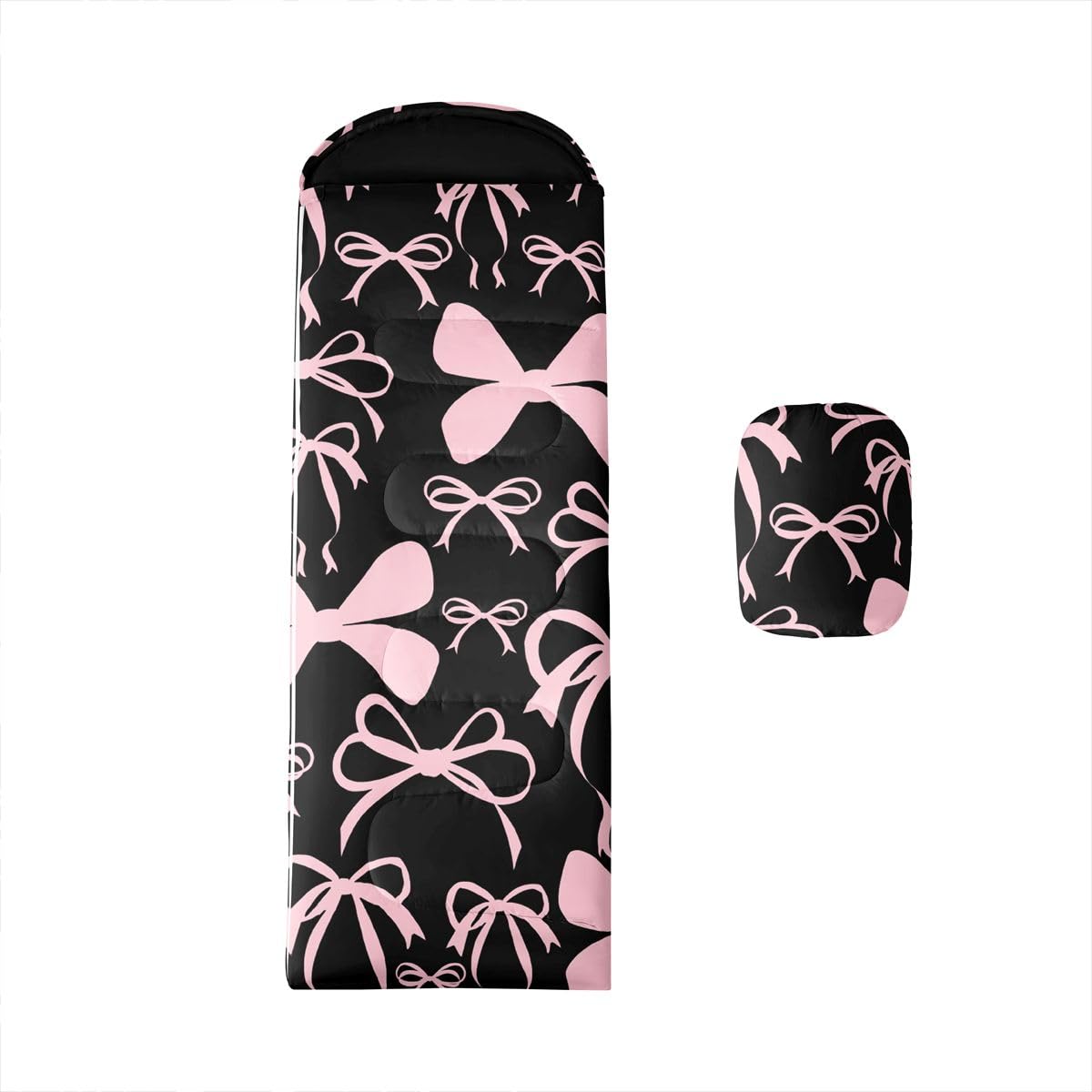 Feelyou Pink Bow Sleeping Bags 3 Seasons for Kids Adults Black and Pink Cold Warm Weather Camping Sleeping Bags for Boys Girls Portable with Compression Sack for Camping Hiking Outdoor Travel