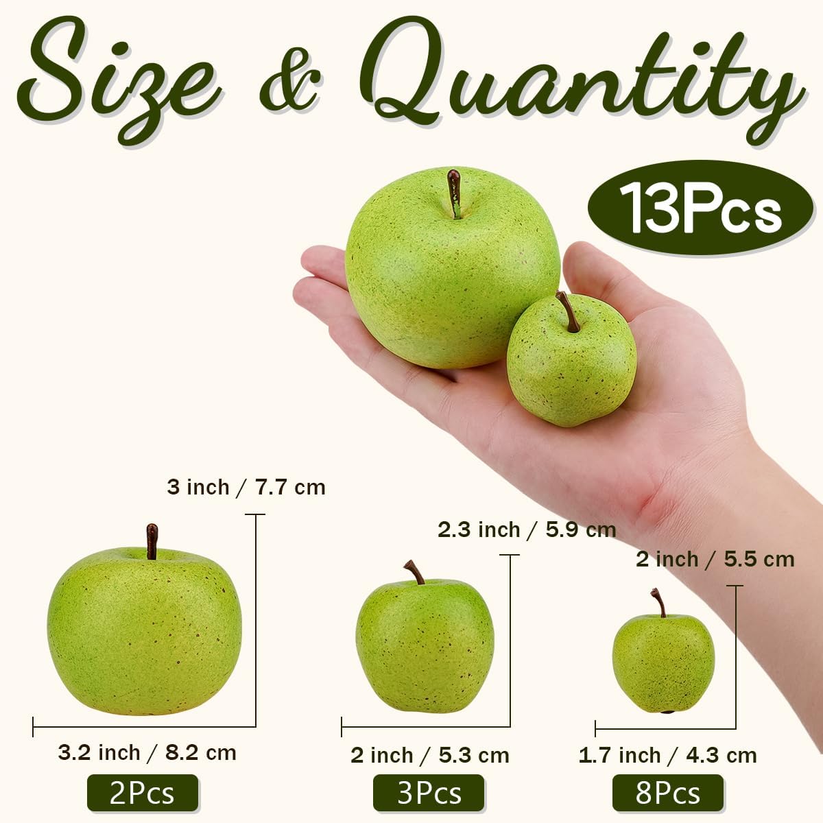 13Pcs Artificial Green Apples, Realistic Fake Fruit for Decoration | 3 different size,realistic look, plastic & foam material, no fade & rot, fruit bowl filler, table centerpiece