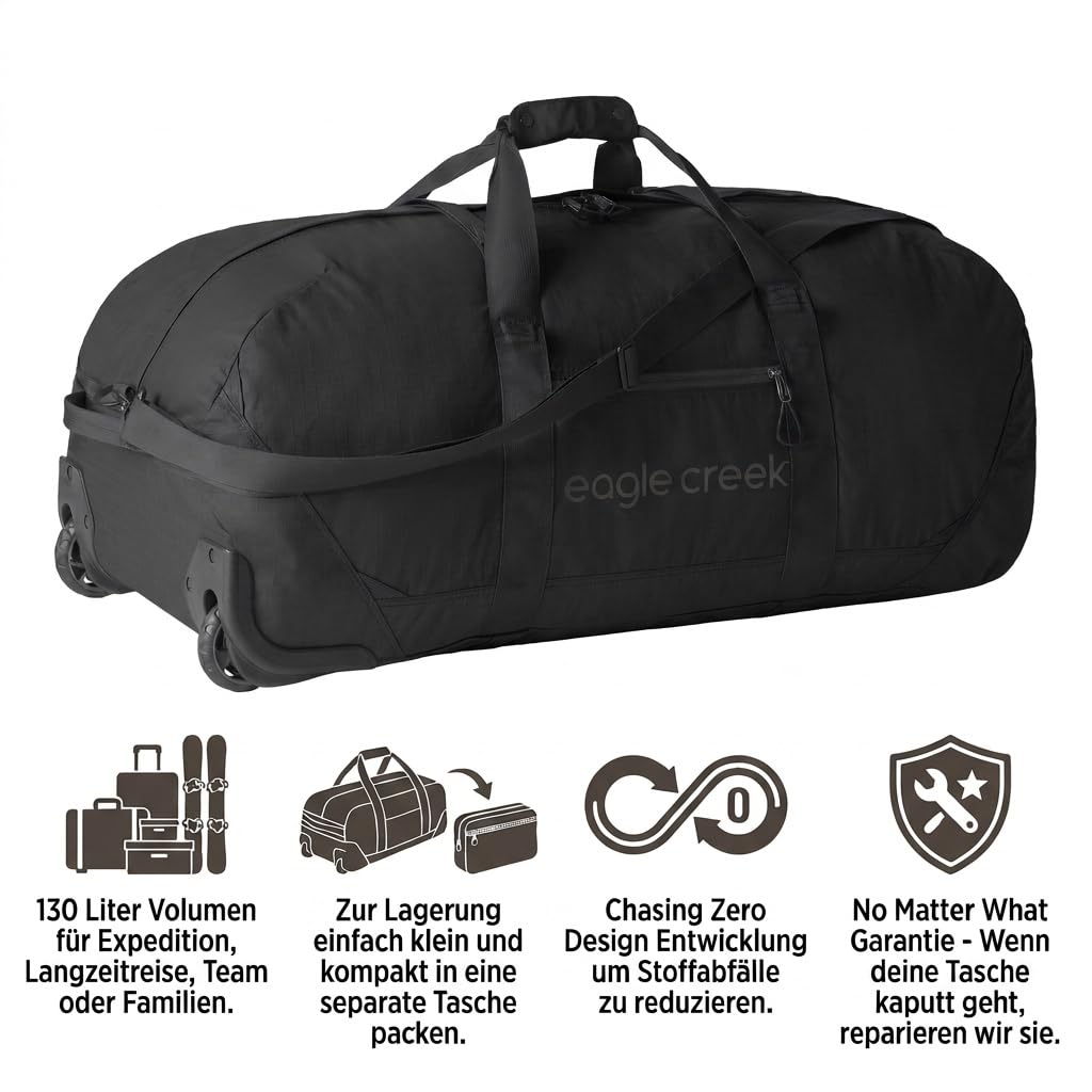 Eagle Creek No Matter What Reisetasche mit Rollen 130L I Mit Rollen & für viel Ausrüstung I Nachhaltige Rolling Duffel für Lange Reisen, Camping & Expeditionen I 130L Volumen I Black