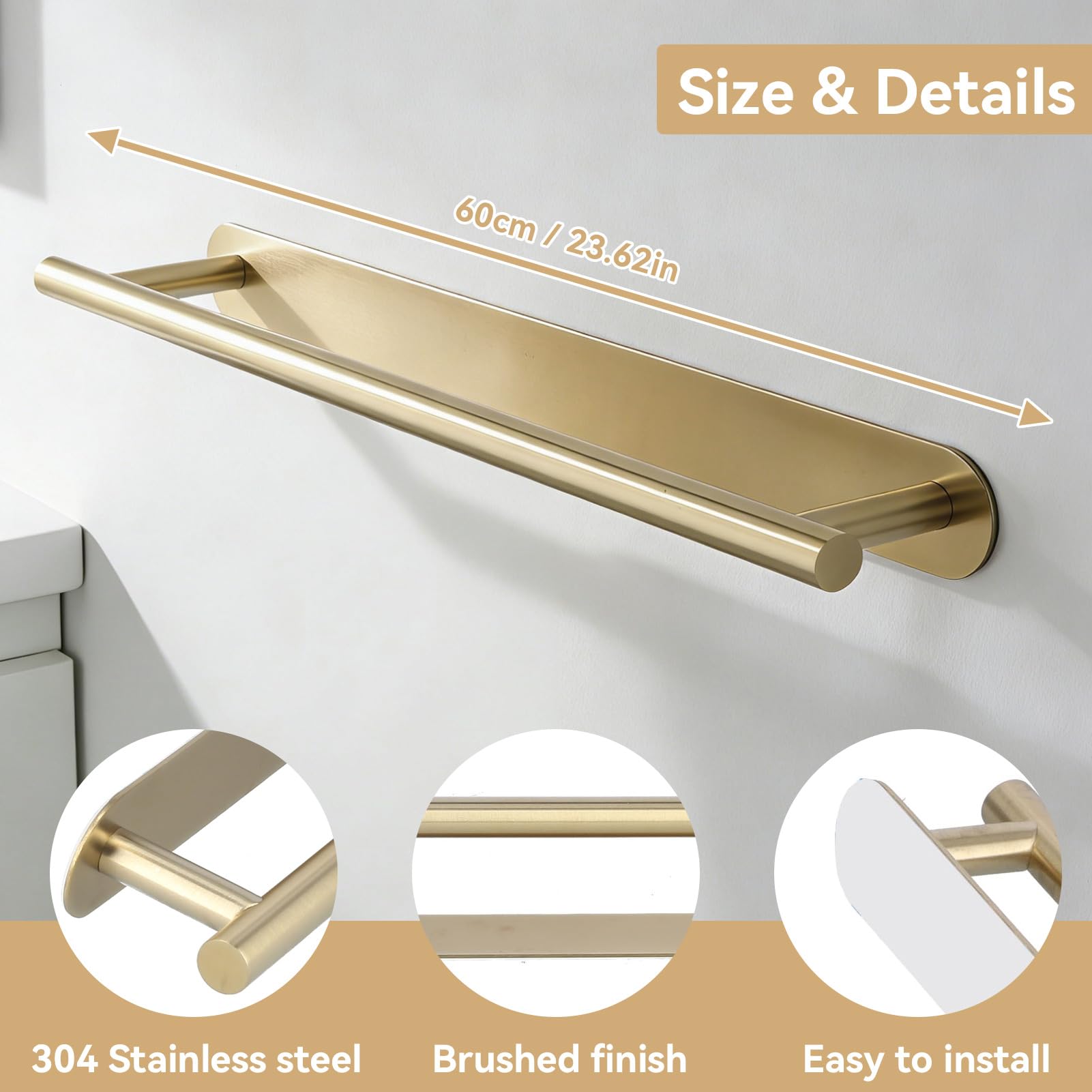 Barre porte-serviettes sans perçage, acier inoxydable, autocollant 60 cm pour la maison et la salle de bain