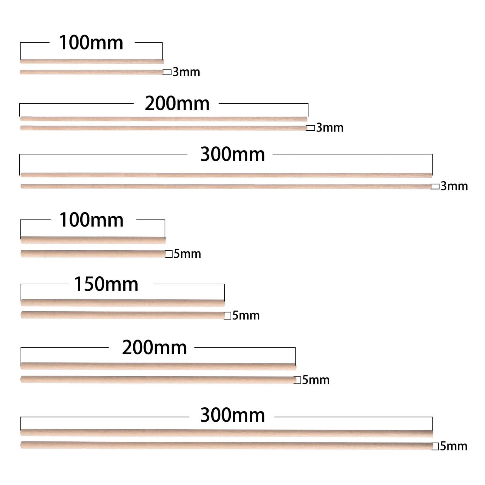 Drewniane pręty kołkowe, Okrągłe drewniane patyczki o średnicy 3 mm i 5 mm, różne rozmiary, do majsterkowania i obróbki drewna(B 5x150mm 50pcs)