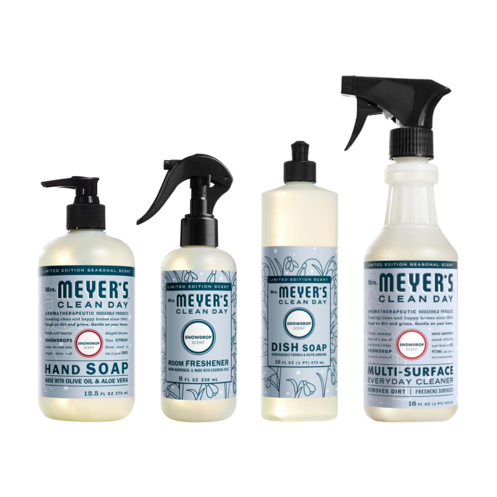 Mrs MEYERS CLEAN DAY Snow Drop Scent Variety Pack Room Freshener 8 Fl Oz Liquid Hand Soap 12