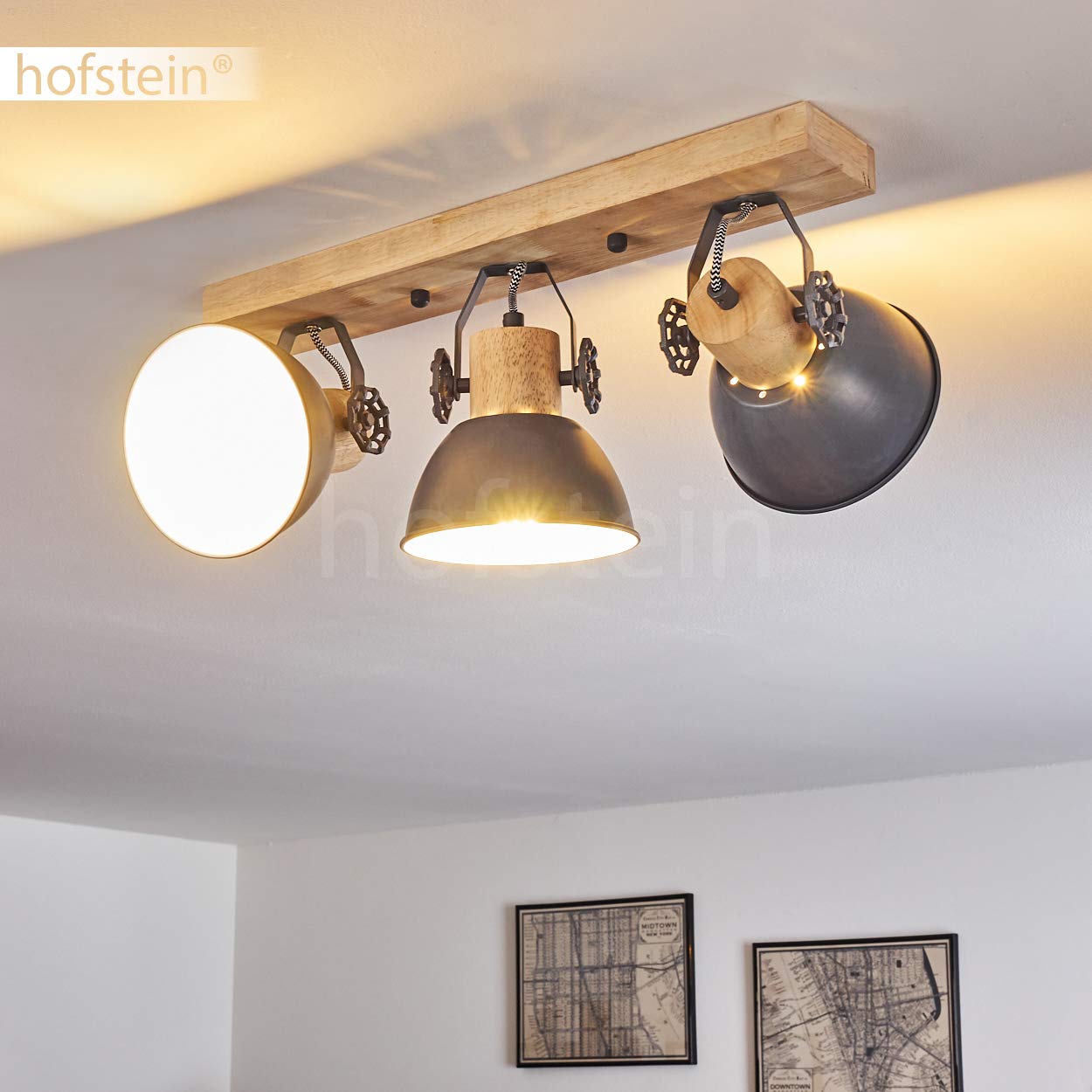 HOFSTEIN Deckenleuchte Orny, verstellbare Deckenlampe aus Metall/Holz in Grau/Weiß/Natur, moderne Leuchte im Industrial/Retro/Vintage-Design, 3 x E27, Wohnzimmer, Esszimmer, Schlafzimmer, Küche