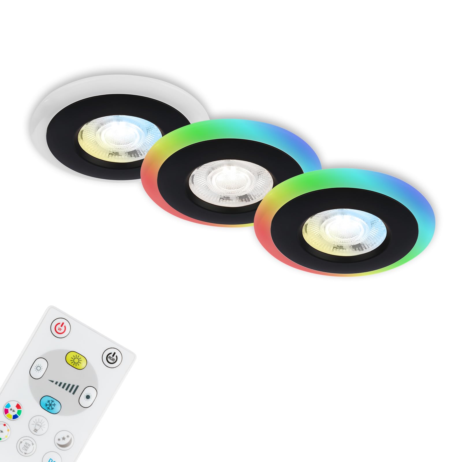 Briloner - Juego de 3 lámparas empotradas en el techo LED, anillo de luz LED RGB CCT, LED plano empotrado, foco de baño empotrado, foco de baño empotrado IP44, negro, 84x34 mm (DxH)