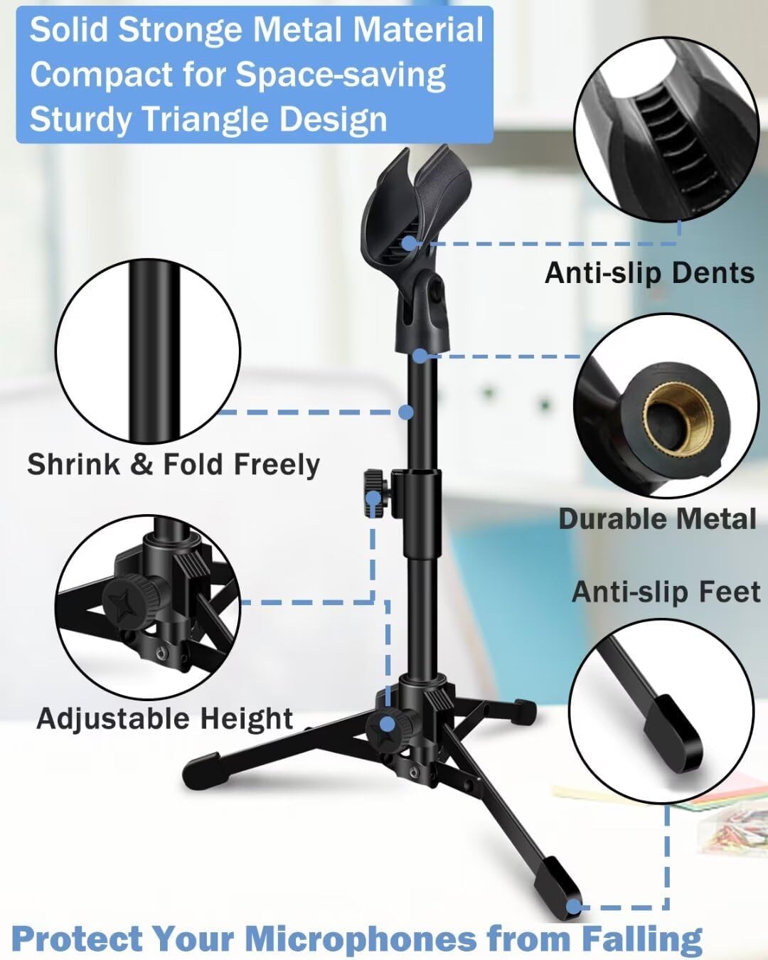 Desktop Mic Stand Portable Foldable Tripod with Mic Clip Holder and 5/8" Male to 3/8" Female Screw Adjustable Microphone Stand. image 3