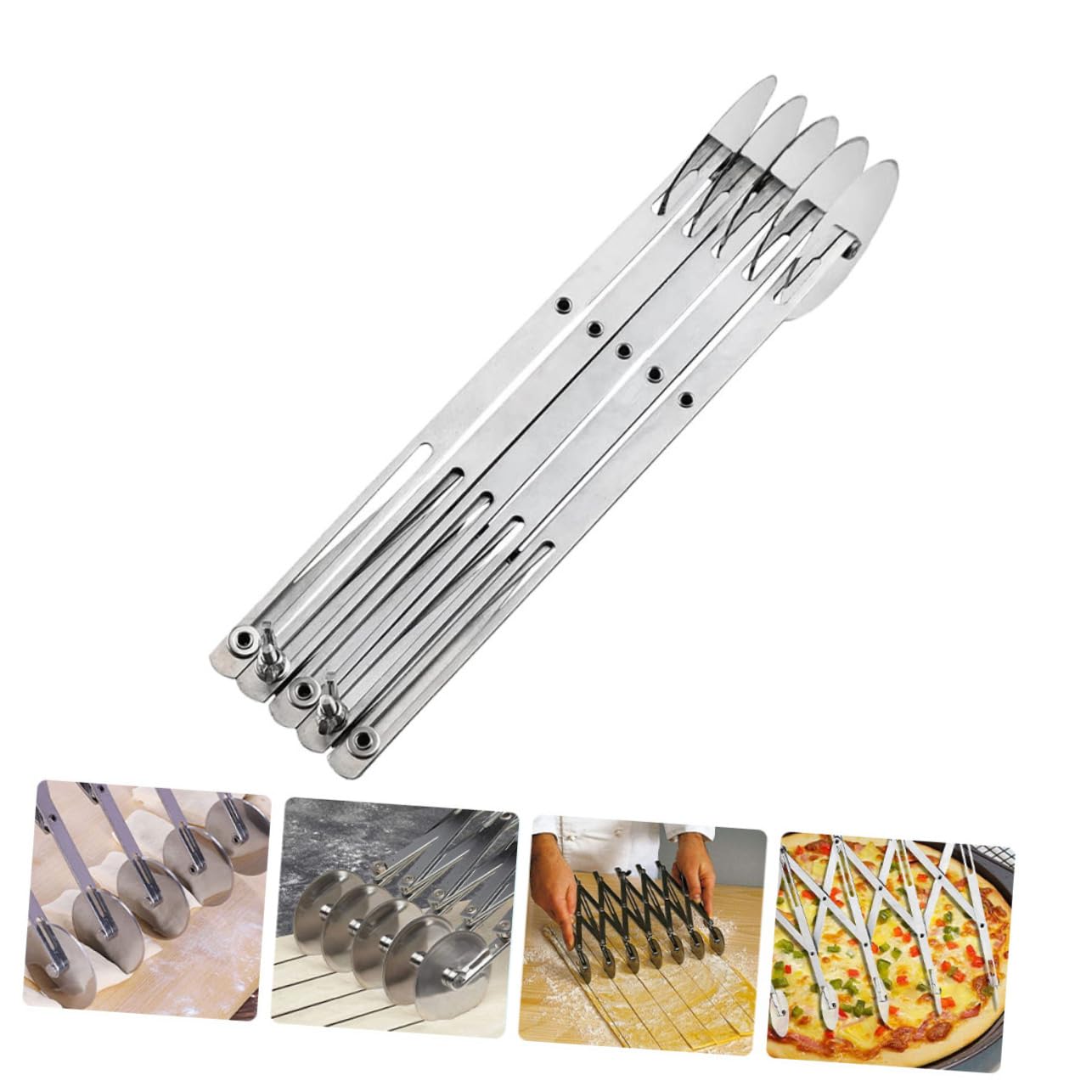 Amosfun Couteau Pâtisserie 5 Roues en Acier Inoxydable Argenté, Coupe-pâte Ajustable, Outil Essentiel Cuisine Moderne, Trancheuse à Pizza Pratique et Résistante Lave-vaisselle