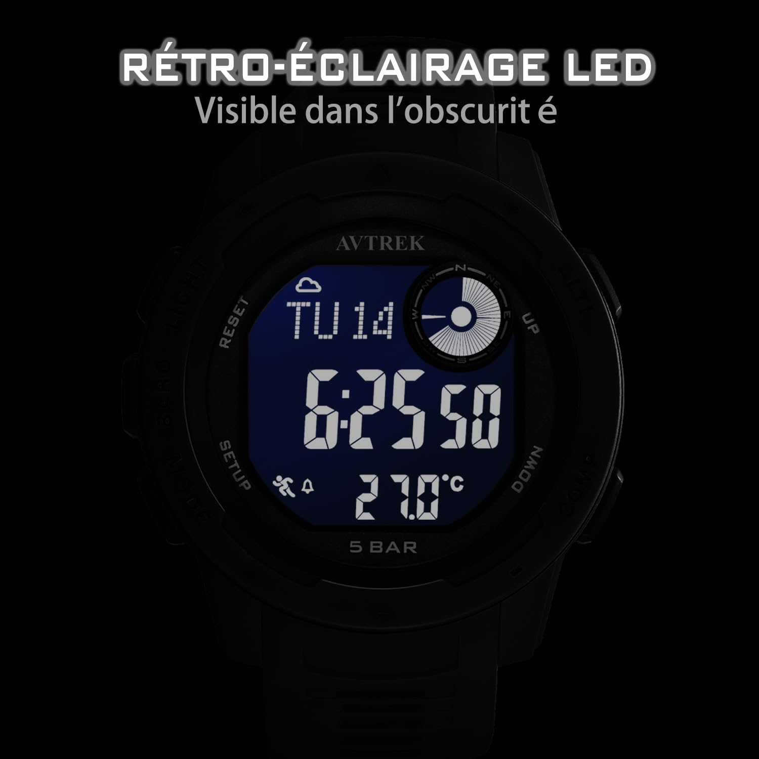 AVTREK Orologio sportivo digitale per adolescenti con altimetro e barometro, orologio da esterno, orologio sportivo impermeabile per esercito e militari (nero)
