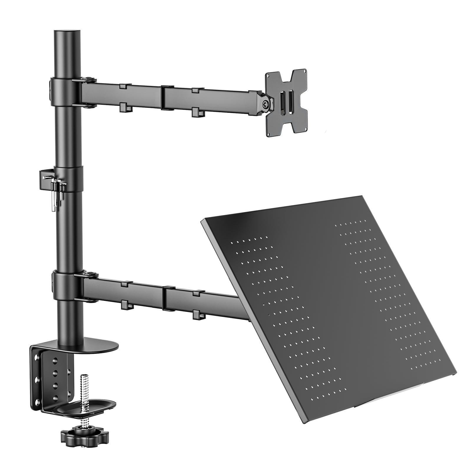 BAZIK Suporte Articulado para Monitor e Notebook – Braço Ajustável com Bandeja para Notebook até 17", Monitores de 13'' a 32'', Suporte para Monitor Duplo com Ergonômico com Organização de Cabos