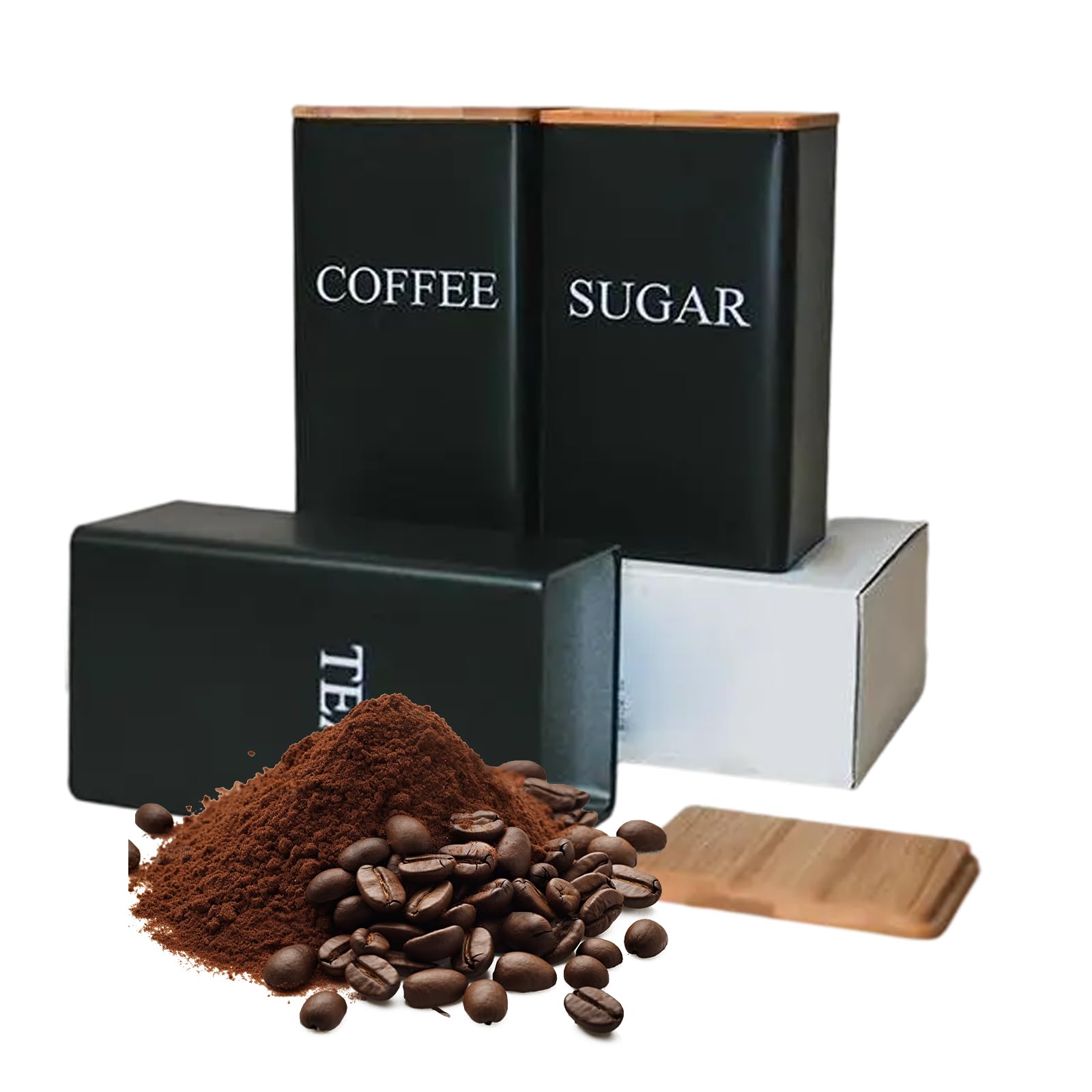Yongyongbuy Silver Or White Tea Coffee Sugar Canisters – 3 Piece 1000Ml Metal Storage Jars With Airtight Bamboo Lids