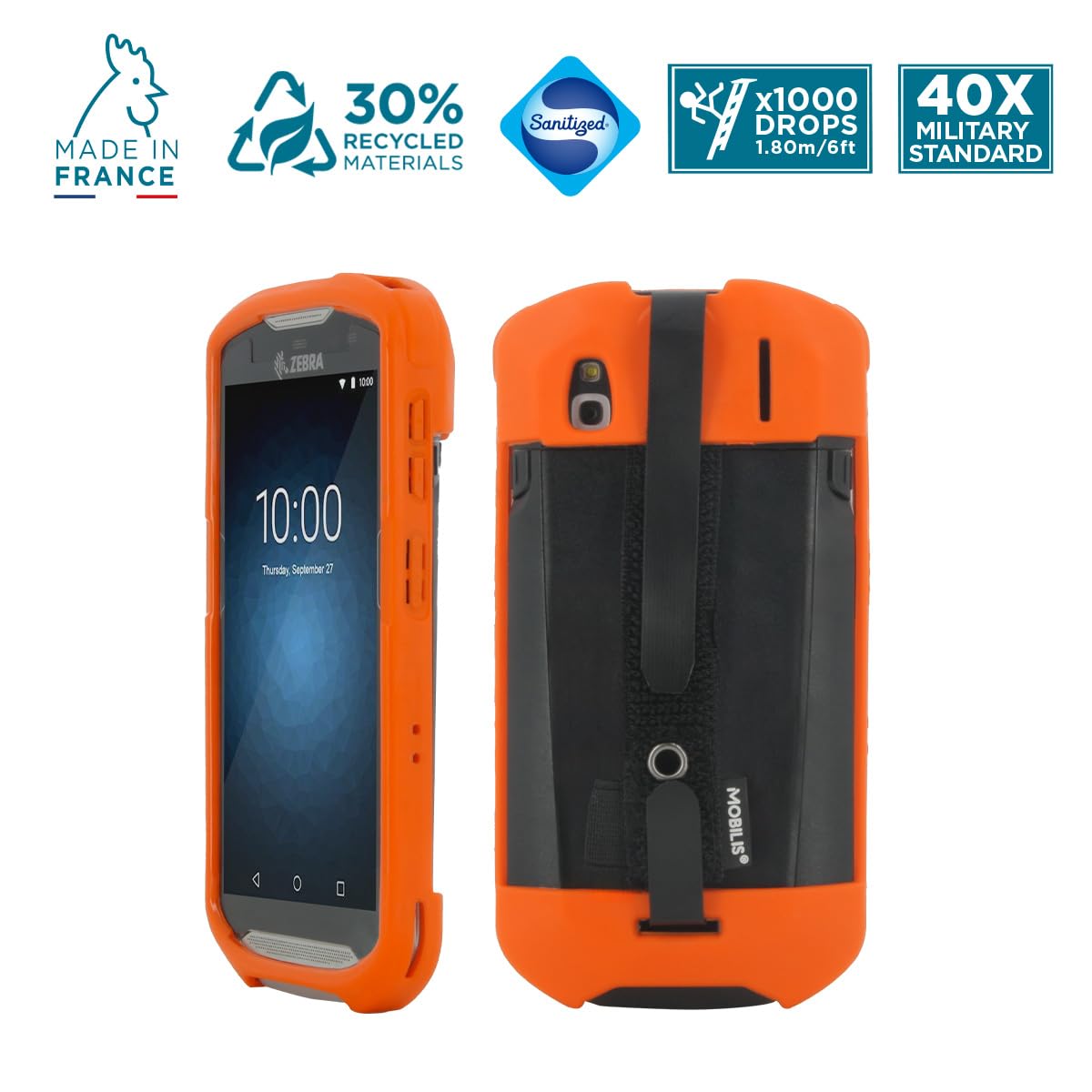 MOBILIS Custodia per terminale Zebra TC51 TC52 TC56 TC57 con zampa di sequestro e porta penna, custodia rinforzata protezione militare, prodotta in Francia, Antimicrobico, arancione fluorescente