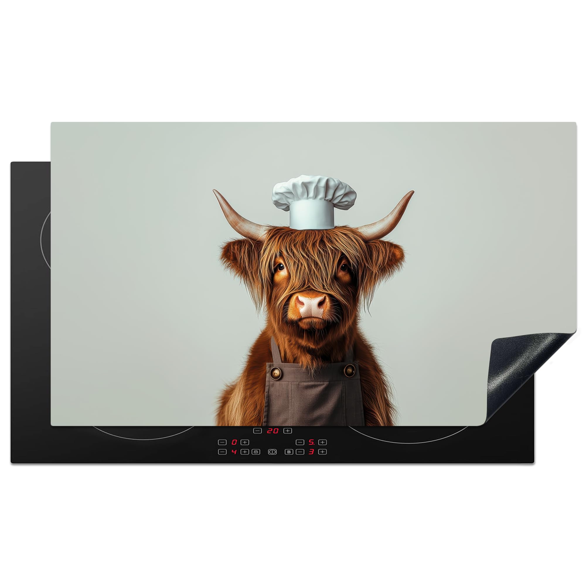 KitchenYeah© Protector Vitroceramica 90x52 cm Tapa para induccion Placa Encimera Cubre de Protectora Cocina Highlander Escocés - Marrón - Cuernos - Ropa de Cocinero