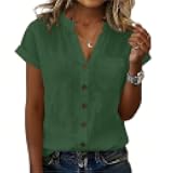 Women Button Up Henley Tops Casual Comfy Gauze Shirts 2026 Summer V Neck Dressy Cotton Linen Tshirt Tunic