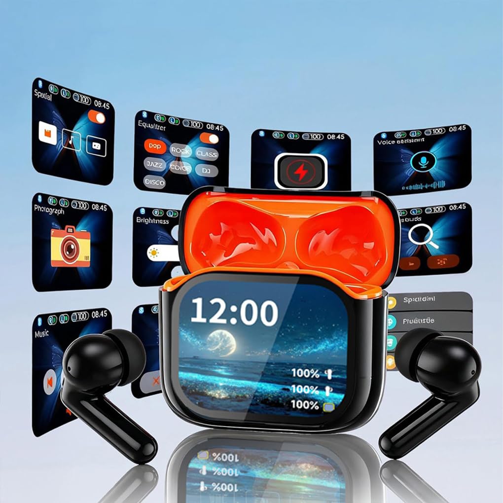 Auriculares inalámbricos con Pantalla y Puerto de Carga USB Tipo C para Disfrutar en Parques de Atracciones. Auriculares intrauditivos inalámbricos, Negro Naranja