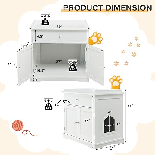 Miniatura 4 de Tangkula Caja de arena para gatos, muebles ocultos con cajón grande, 2 puertas, banco de almacenamiento para baño de gatos, mesa auxiliar para