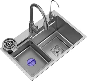Dark Grey Sink with Pull-Out Tap Stainless Steel Kitchen Sink Drop-in ...