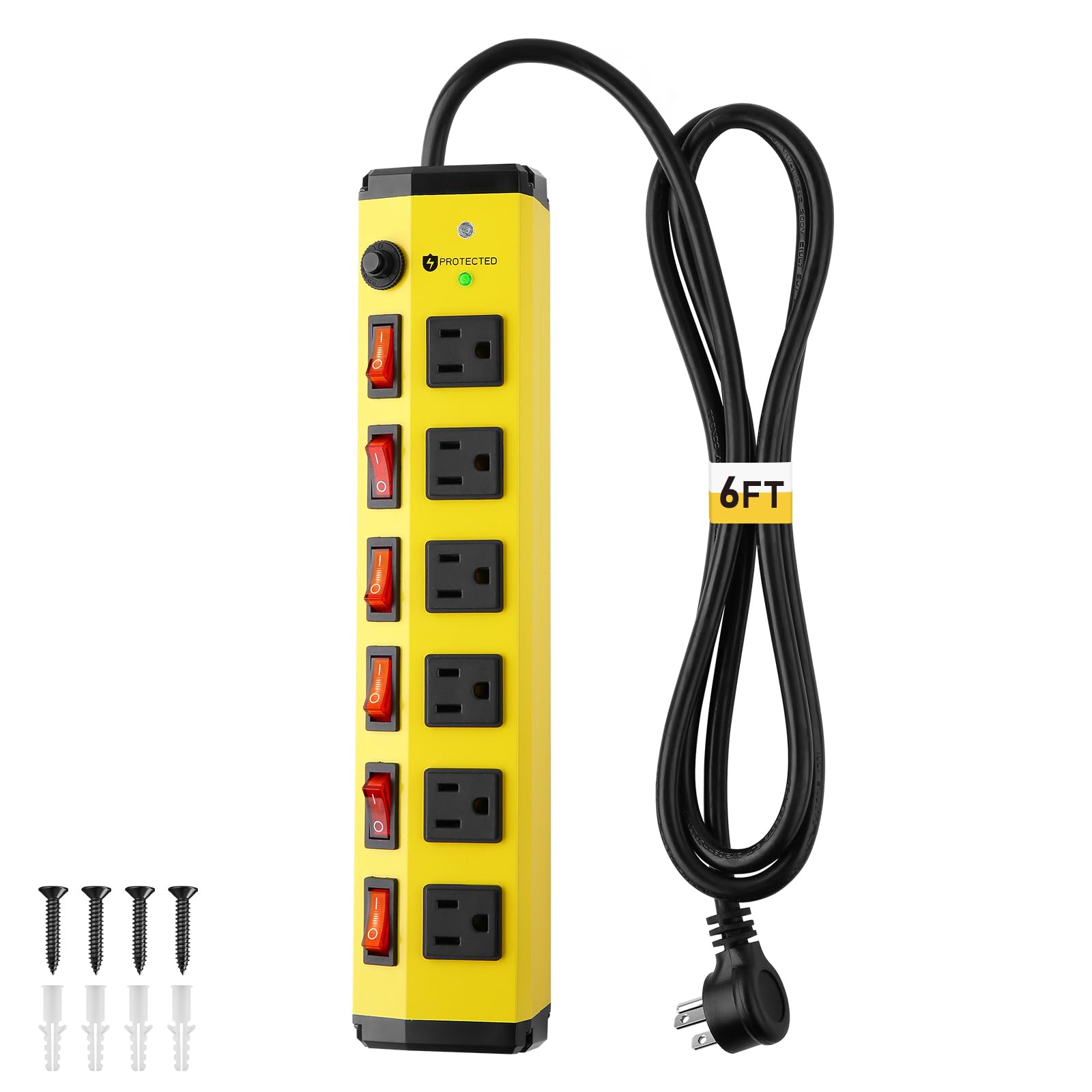 Heavy Duty Power Strip with Individual Switches,6 Outlet Metal Power Strip with Surge Protector 1200 Joules,Flat Plug Design,6FT,14AWG Extension Cord,15A 1875W- Wall Mountable