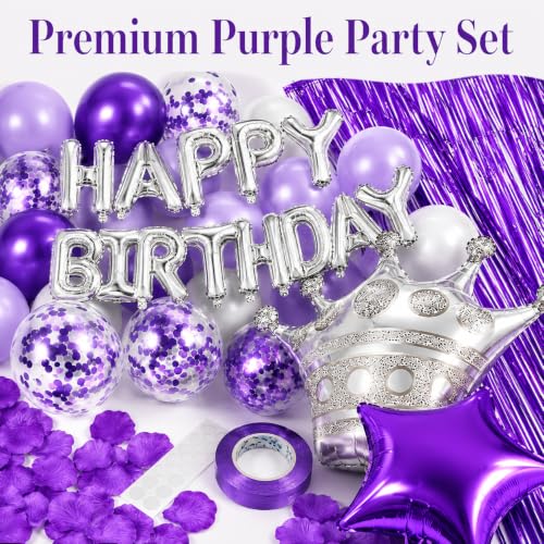 Image of Purple Birthday Decorations for Women | Happy Birthday Balloons and Star Crown Balloons, Fringe Curtain and petals for Women Girls Princess Party