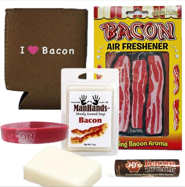 Bacon Addicts Survival Kit Gift Pack (5pc Set) - Bacon Soap, Air Freshener, Lip Balm, I Heart Bacon Can Cooler & Bacon Addict Silicone Wristband
