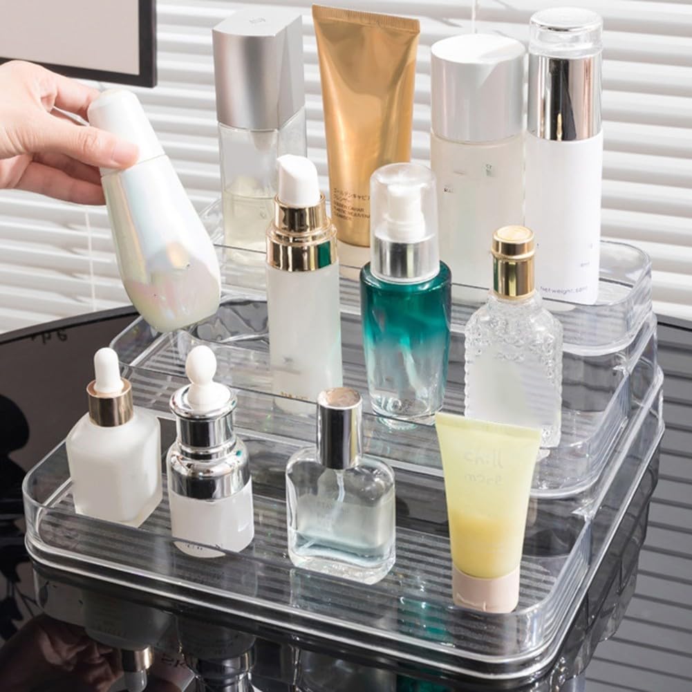 Confezione da 2 organizer in acrilico trasparente con tre ripiani per bottiglie di profumo, cura della pelle e medicine, design a gradini larghi per grandi contenitori, per uso domestico e bagno