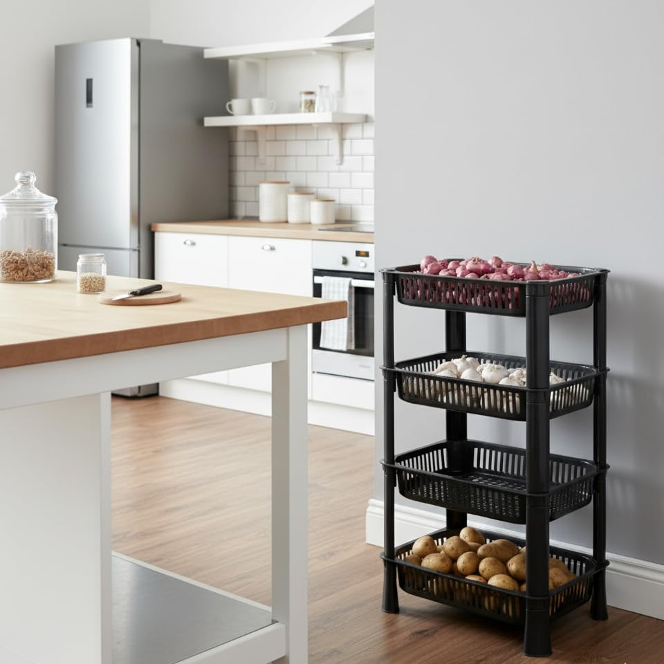 Image of U-Max Multi Tire Kitchen Storage Rack, Plastic Utility Shelf Organiser, Space Saving Storage Solution, Revolving Vegetable Rack (Black-Regular, 4)