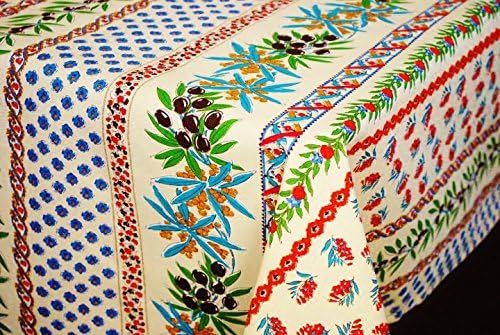 Le Cluny, Olives and Mimosas, Cream, French Provence 100 Percent Coated Cotton Tablecloth, 52 Inches x 72 Inches