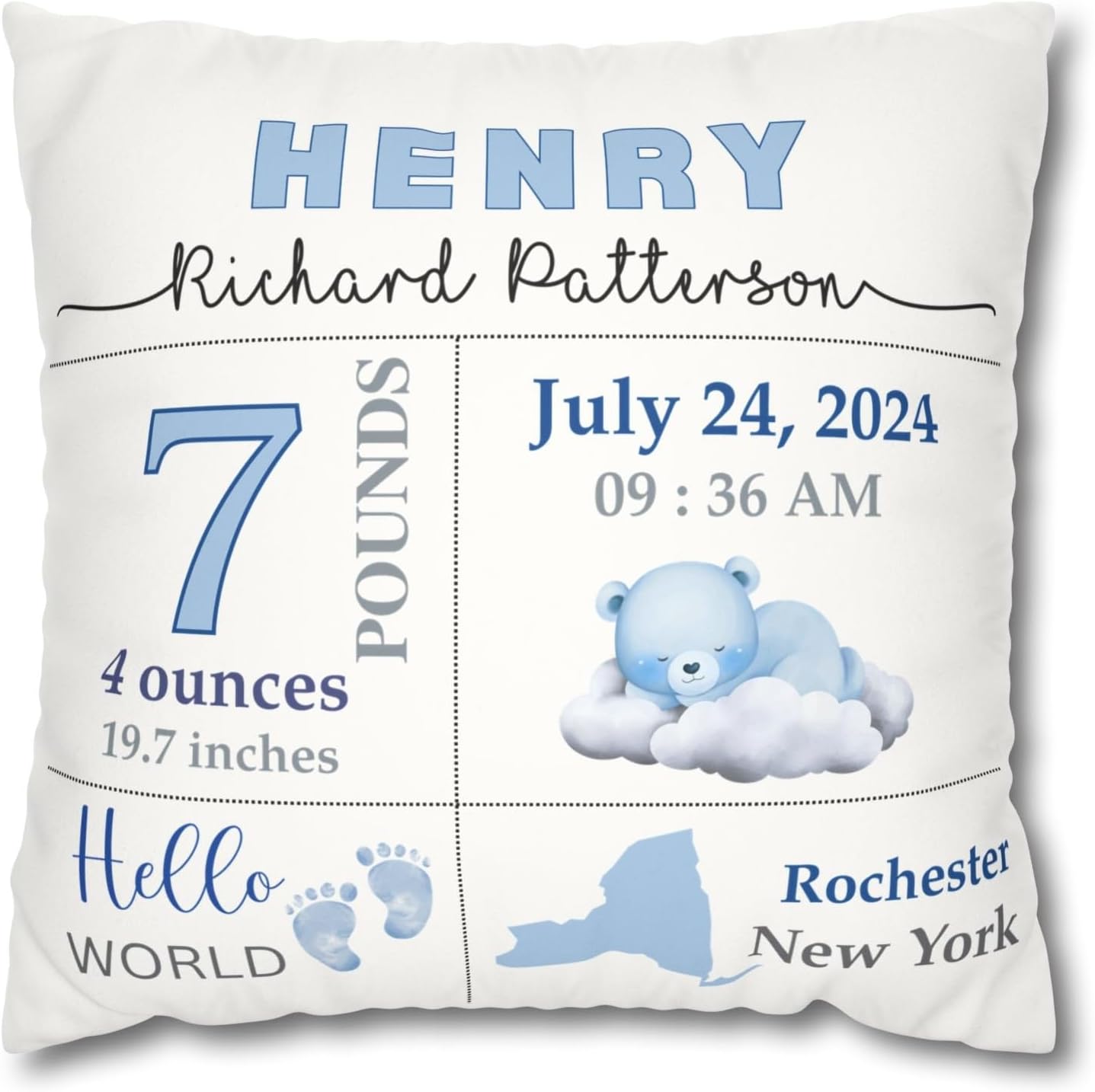 Personalized Baby Boy Gift Blue Pillow Nursery Keepsake Custom Baby Name Birth Date Stats Pillow Newborn Infant Gift for New Mom Birth Announcement Idea