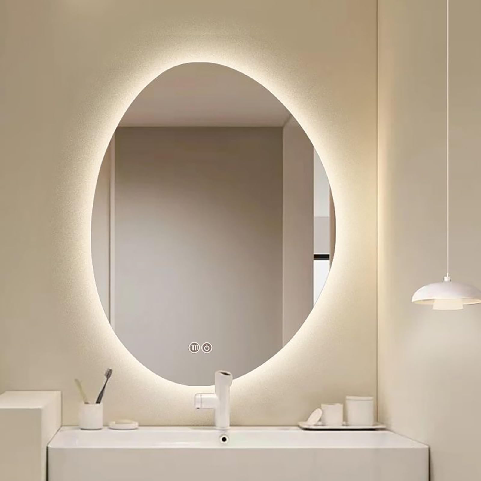 Atwnjkp 3 Colours+Anti-Fog Bathroom Mirror 60X80cm(23.6X31.5in) – Irregular Oval Wall Mounted Vanity Mirror With 3-Colour Dimmable Led Lighting, Anti-Fog Function And Explosion-Proof For Bathroom, Makeup Area
