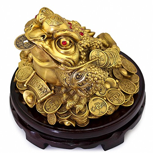 Large Size Brass Feng Shui Money Frog(Three Legged Wealth Frog or Money Toad) Statue + Free Set of 10 Lucky Charm Ancient Coins on Red String, Attract Wealth and Good Luck,Feng Shui Decor