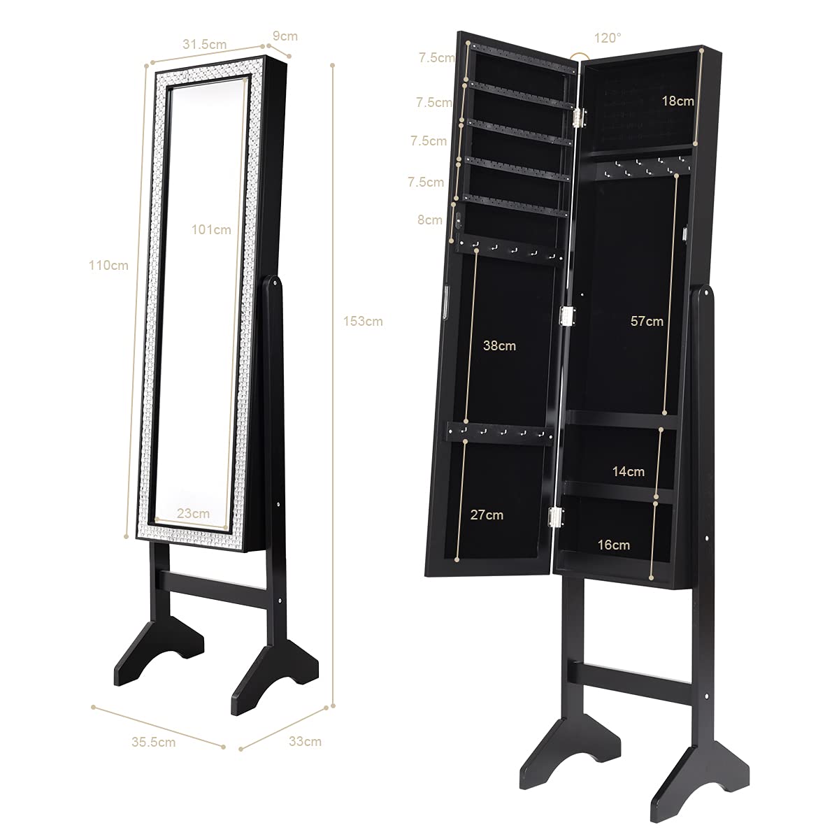 COSTWAY Armoire à Bijoux Verticale avec Miroir Clair Pleine Longueur et Angle Légèrement Réglable, Système de Triage et de Rangement pour Tout Type de Bijoux (Noir)