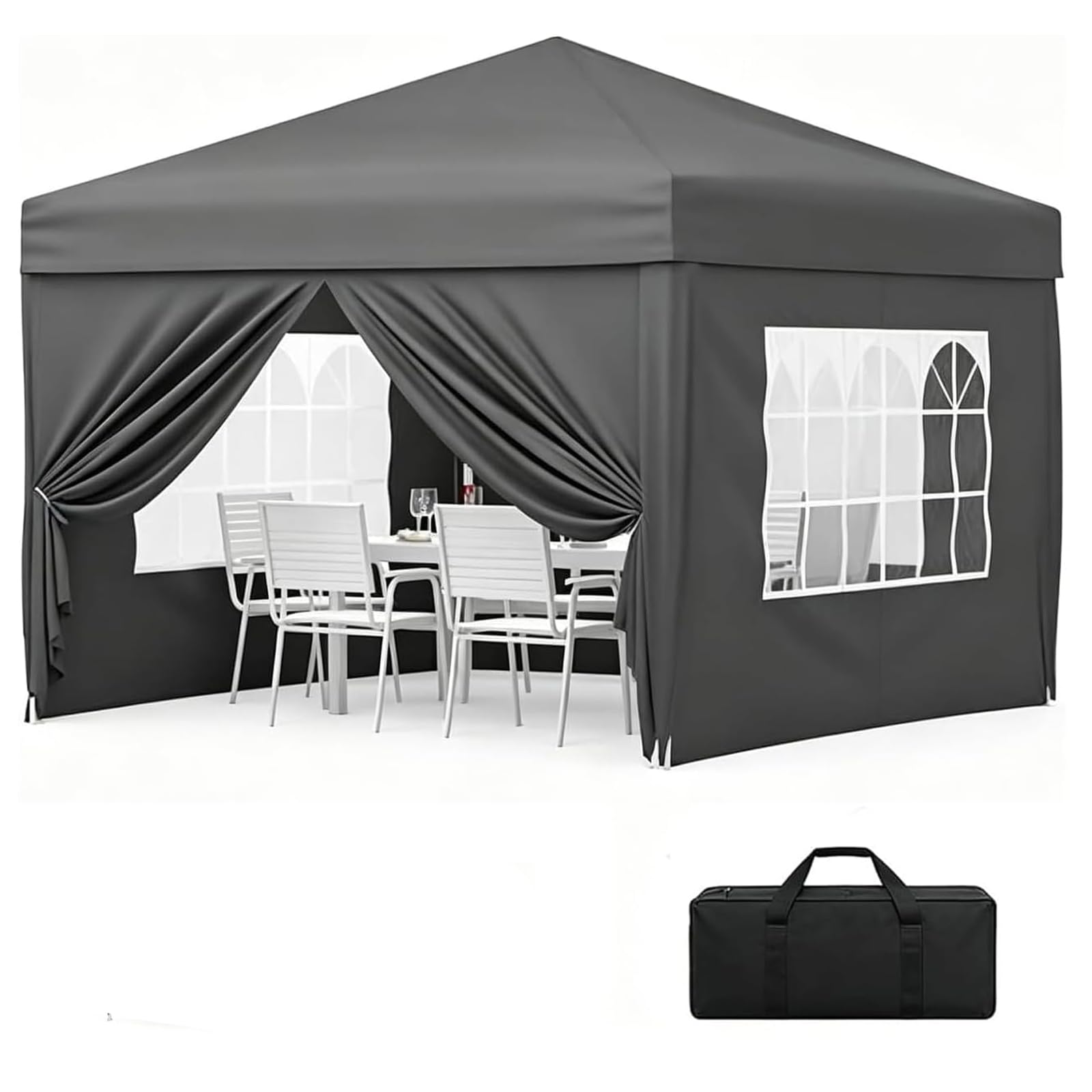 10x10 ft Pop Up Canopy Gazebo with Removable Side Panels & Windows, 3 Adjustable Heights Waterproof Canopy Tent, 1-Minute Setup with Carry Bag for Parties, Markets & Outdoor Events