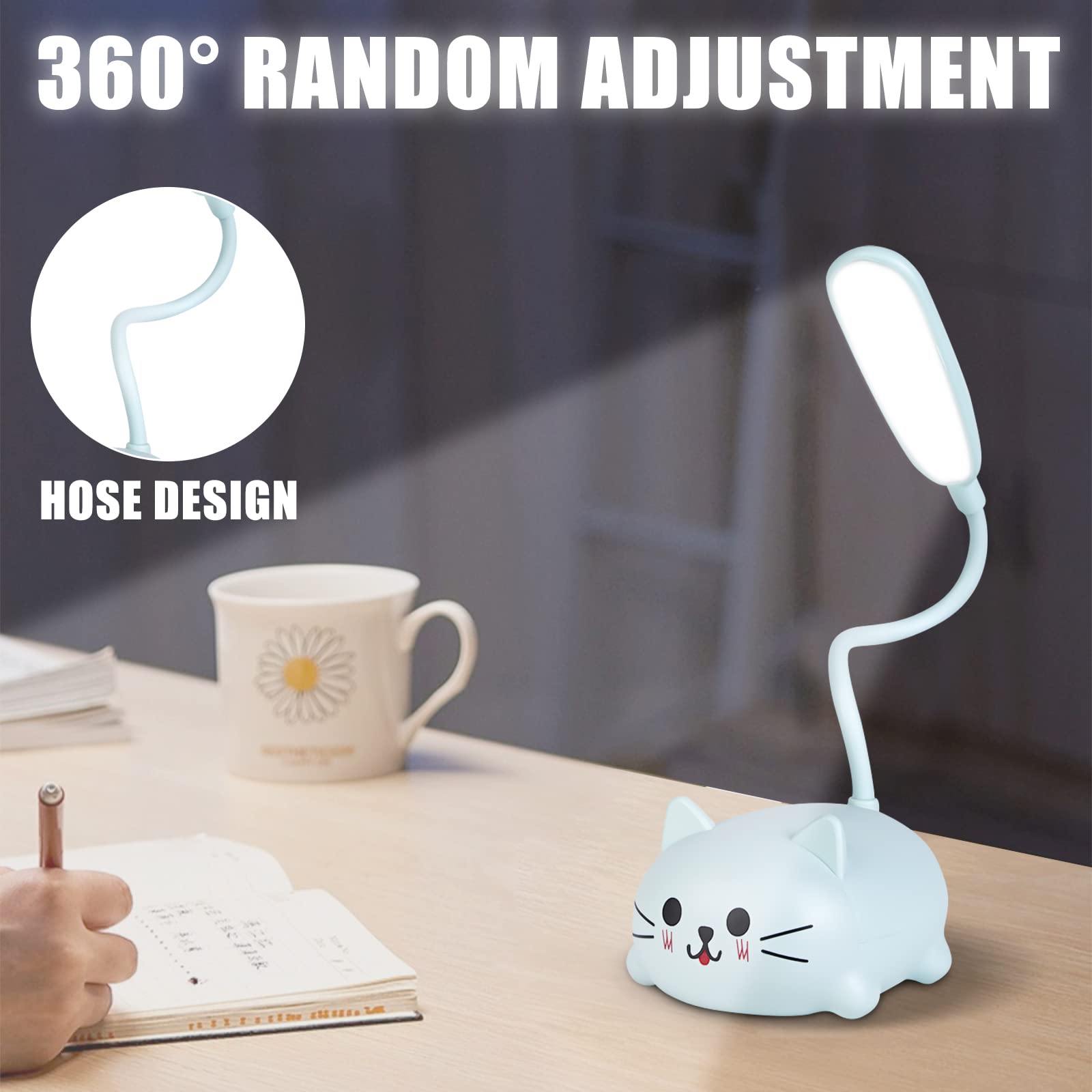 Molbory Lámpara de Escritorio para Niños, Lámpara de Lectura con Protección para los Ojos Recargable por USB, Lámpara de Mesa LED para Gatos con Soporte para Teléfono Móvil, Regalo para Niños