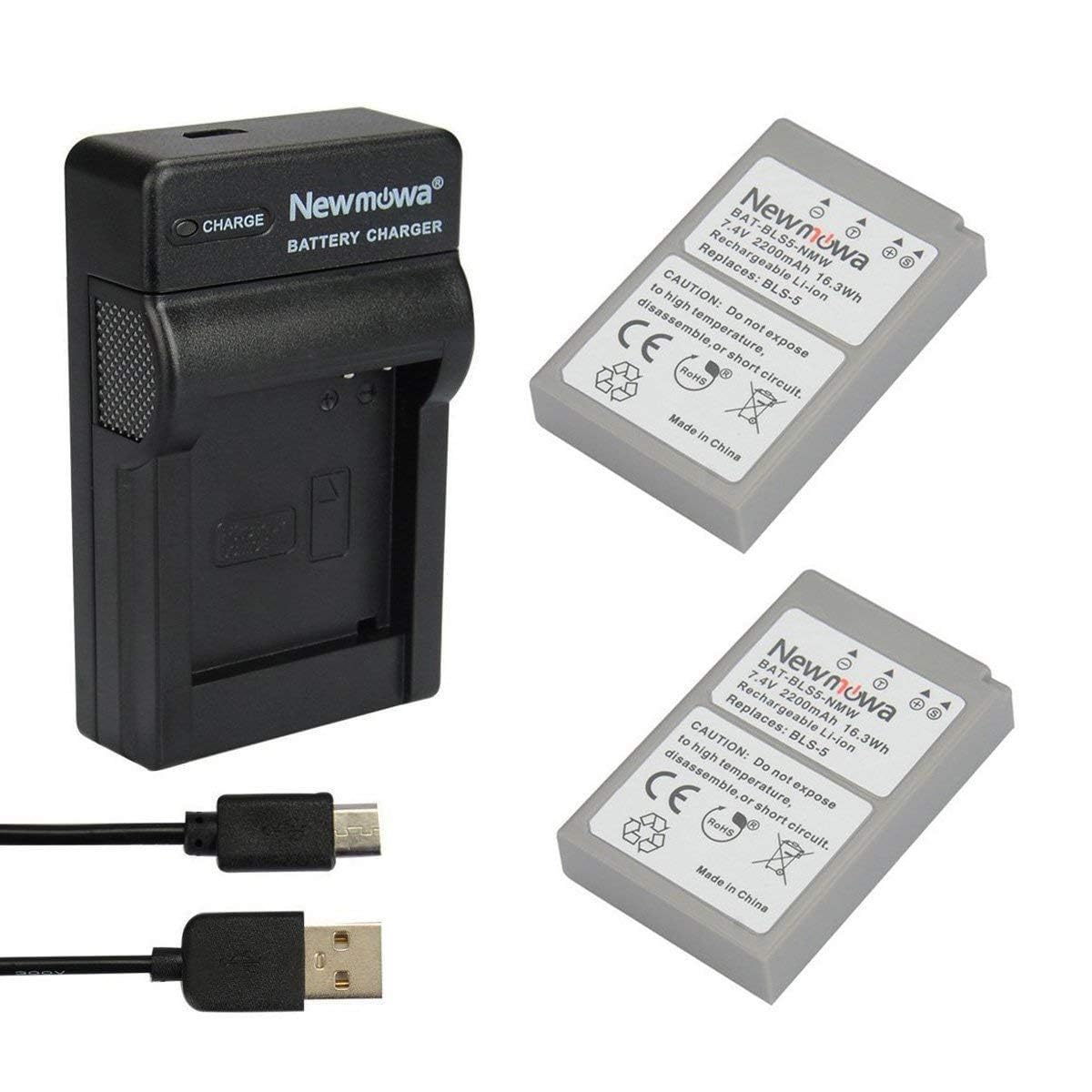 Newmowa Ersatz BLS-5 Batterie (2er Pack) und tragbar USB Ladegerät Kit für Olympus BLS-5, BLS-50, PS-BLS5 Olympus OM-D E-M10, Pen E-PL2, E-PL5, E-PL6, E-PL7, E-PM2, Stylus 1