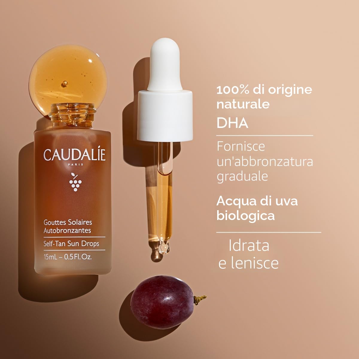 Caudalie Gocce Solari Autoabbronzanti – Abbronzatura Graduale e Personalizzabile, Acqua d'Uva Bio, DHA Naturale, 99% Origine Naturale, Senza Profumo, Senza Alcool, 15 mL