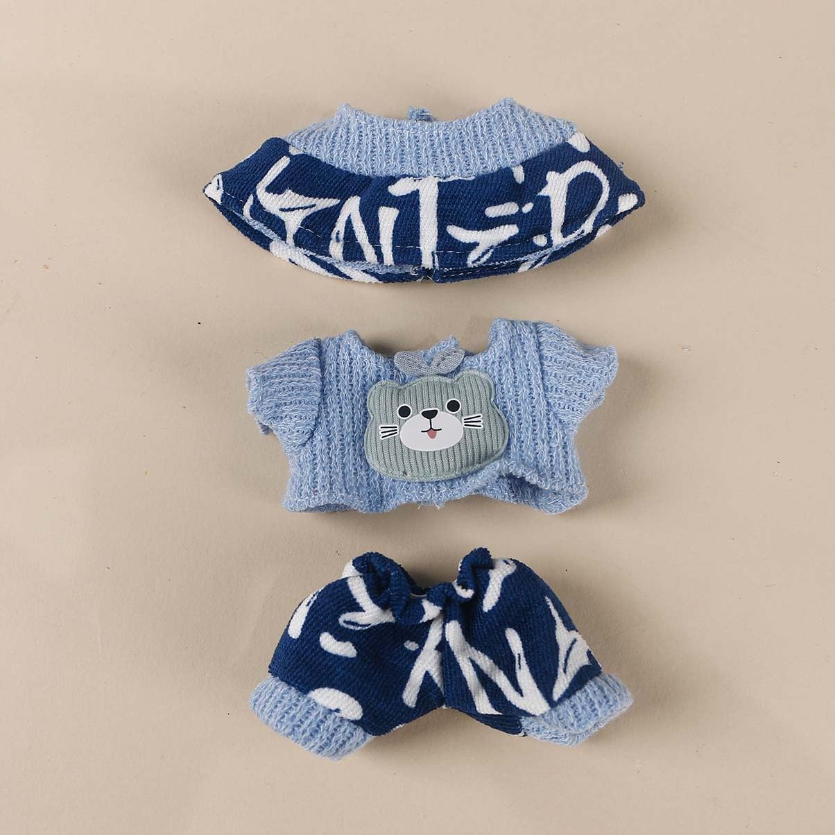 Compatible with Labubu (NO Doll) - Blue-White Knit Set (Patterned Beanie + Bear-Patch Sweater + Matching Pants), 15cm/17cm Doll Clothing (Blue-White)