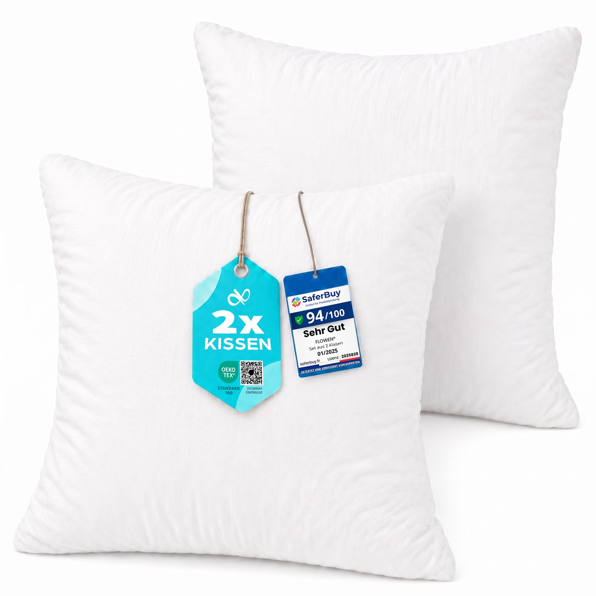 Flowen Kissen 40x40 Kopfkissen 2er Set für Sofa und Bett Innenkissen Hypoallergene Anti-Milben Kissenfüllung mit Weicher Gesteppter Kissenbezug 100% Polyester für Haus/Hotel