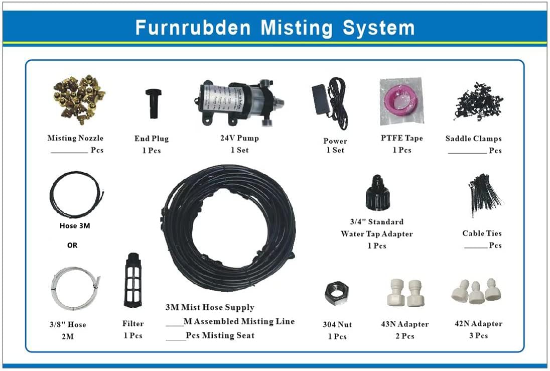 Furnrubden Misting Cooling System with Pump, Patio Misting System, 40FT Tubing +16 Brass Spray Nozzles, Outdoor Water Patio Misters for Outside Patio, RV Camper Marine Greenhouse, Fan, Trampoline