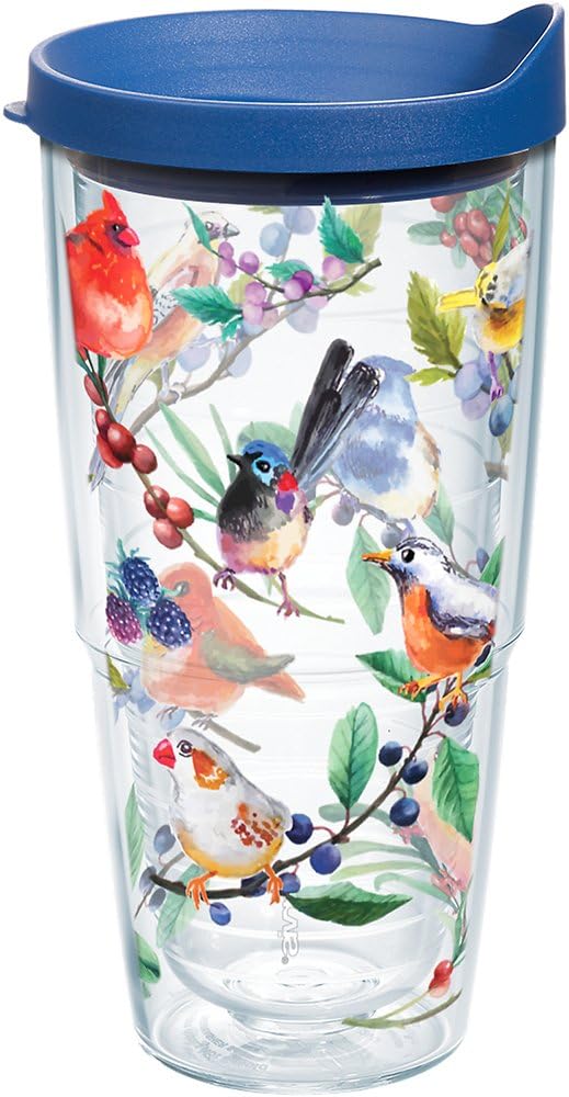 Watercolor Songbirds Made in USA Double Walled Insulated Tumbler Cup Keeps Drinks Cold & Hot, 24oz, Clear
