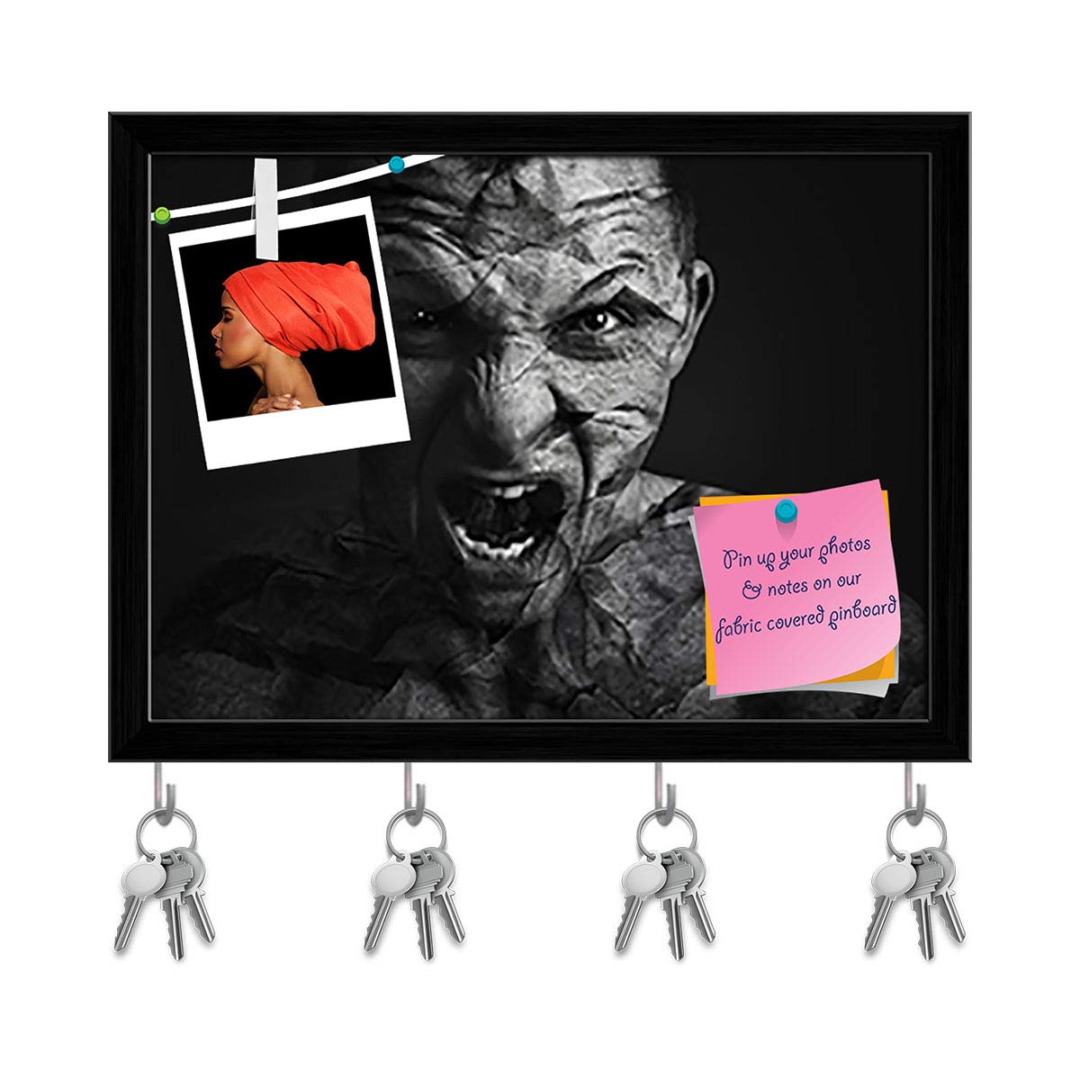 ArtzFolio Man With Angry Expression Key Holder Hooks | Notice Pin Board | Black Frame 13.4 X 10Inch