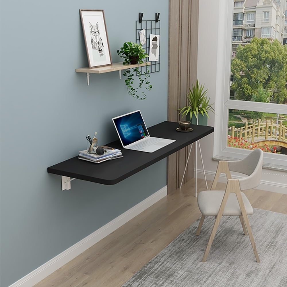 GYRAZXS Wall Mounted Fold Down Table Space Saving Wood Floating Desk Drop Leaf Dining & Laundry Shelf Heavy Duty Brackets Black (90x30cm/36x12in)