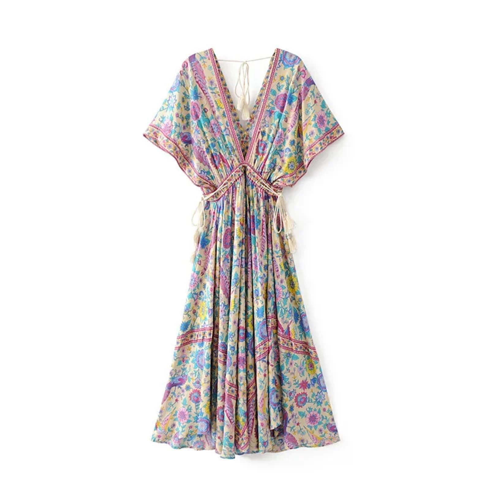 Vestido de Playa Mujer Pavo Real Estampado Floral Manga murciélago Vestidos Largos Bohemios Señoras Cuello en V Borla Verano