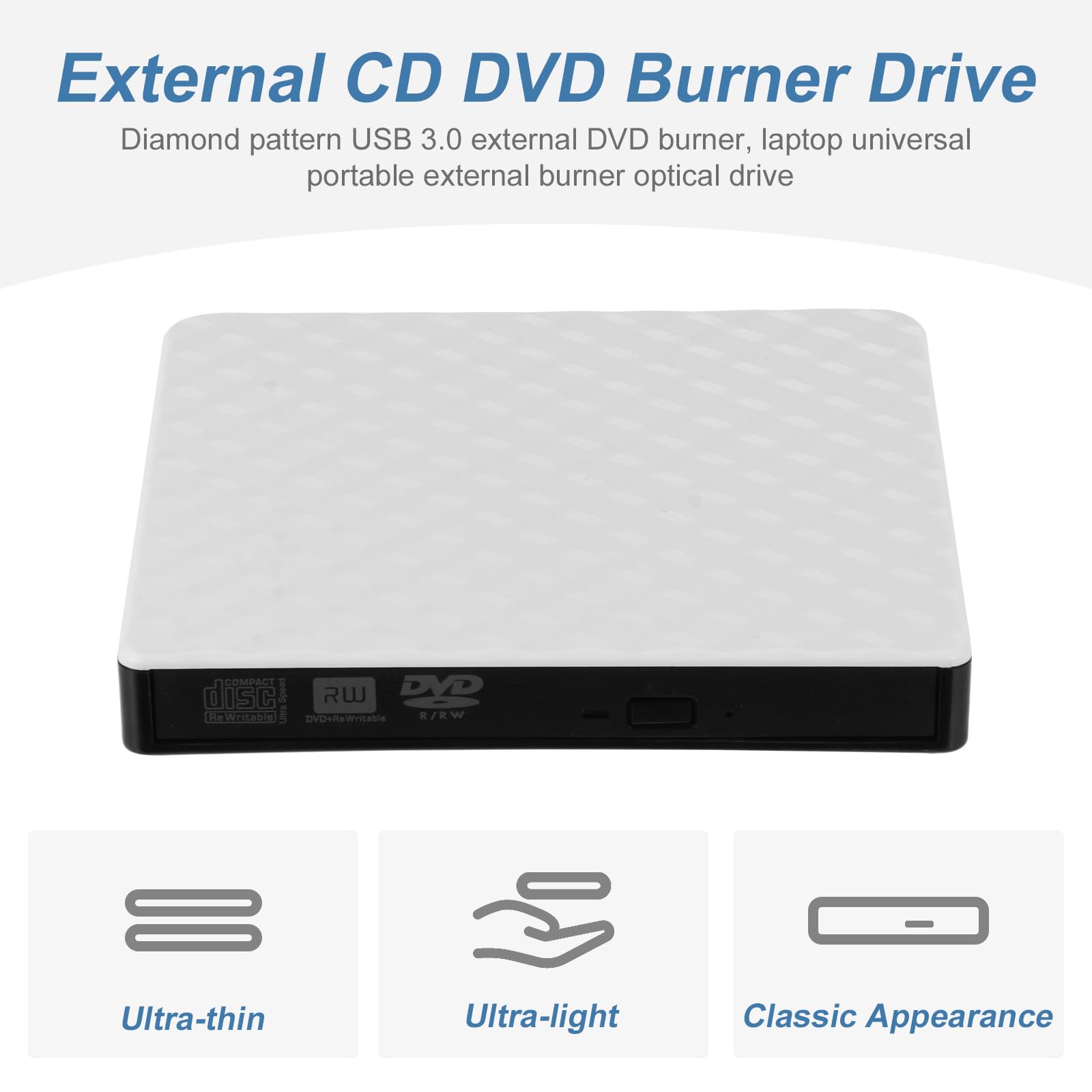 Masterizzatore Dvd Esterno USB 3.0 Lettore CD Bianco Ultra Sottile e Leggero Compatibile Laptop e Desktop Design Classico e Basso Rumore