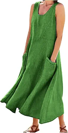 Plus Size Cotton Linen Summer Dresses for Curvy Women 2025 Sleeveless Maxi Vacation Beach Sundresses with Pockets